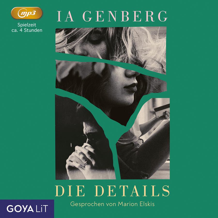 „Die Details“ von Ia Genberg: Cover mit dunkelgrünem Hintergrund und einer Collage aus vier schwarz-weißen Fotografien, die durch geschwungene grüne Trennlinien voneinander abgegrenzt sind. Das obere Bild zeigt den oberen Teil eines Gesichts mit geschlossenen Augen und hellem, verwehtem Haar. Das mittlere Bild zeigt den unteren Teil eines Gesichts mit Nase und Mund. Unten links sitzt eine Person mit gefalteten Händen vor dem Gesicht. Unten rechts ist eine Person zu sehen, die auf einem Sofa sitzt und ein Buch in den Händen hält. Oben steht der Name „Ia Genberg“. Unten befindet sich der Titel „Die Details“, darunter der Hinweis „Gesprochen von Marion Elskis“. Oben links stehen ein „mp3“-Symbol sowie die Angabe „Spielzeit ca. 4 Stunden“. Unten links befindet sich das Logo „GOYALiT“.