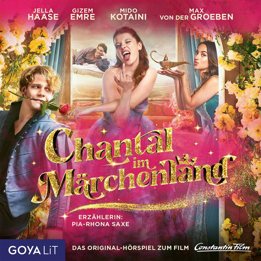 Von links nach rechts sieht man die Filmfiguren Danger, Chantal und Zeynep, die alle in märchenhaft-mittelalterlicher Kleidung gekleidet sind. Danger hat eine Rose im Mund, Chantal zeigt den Stinkefinger, Zeynep deutet einen Kuss auf eine Wunderlampe an. Links und recht werden die drei von weißen und geleben Blumen umrahmt, der Titel des Films "Chantal im Märchenland" steht mittig-unten in gold-glitzernder Schrift auf einer lilafarbenen Wolke.