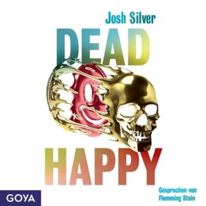 „Happy Head“ von Josh Silver: Cover mit weißen Hintergrund. Oben steht der Name „Josh Silver“, darunter groß der Titel „Happy Head“. Im Zentrum befindet sich eine gold glänzende, metallisch wirkende Form, die auf der linken Seite ein lächelndes Gesicht und auf der rechten einen Totenschädel zeigt. Die beiden Motive gehen fließend ineinander über. Unten rechts steht „Gesprochen von Flemming Stein“. Unten links befindet sich das Logo „GOYA“.
